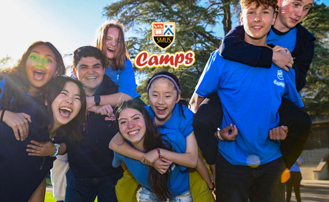 Smiling campers with the SMUS Camps Logo center screen