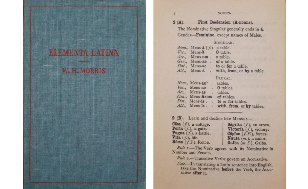 The cover and an inside page from an old Latin textbook