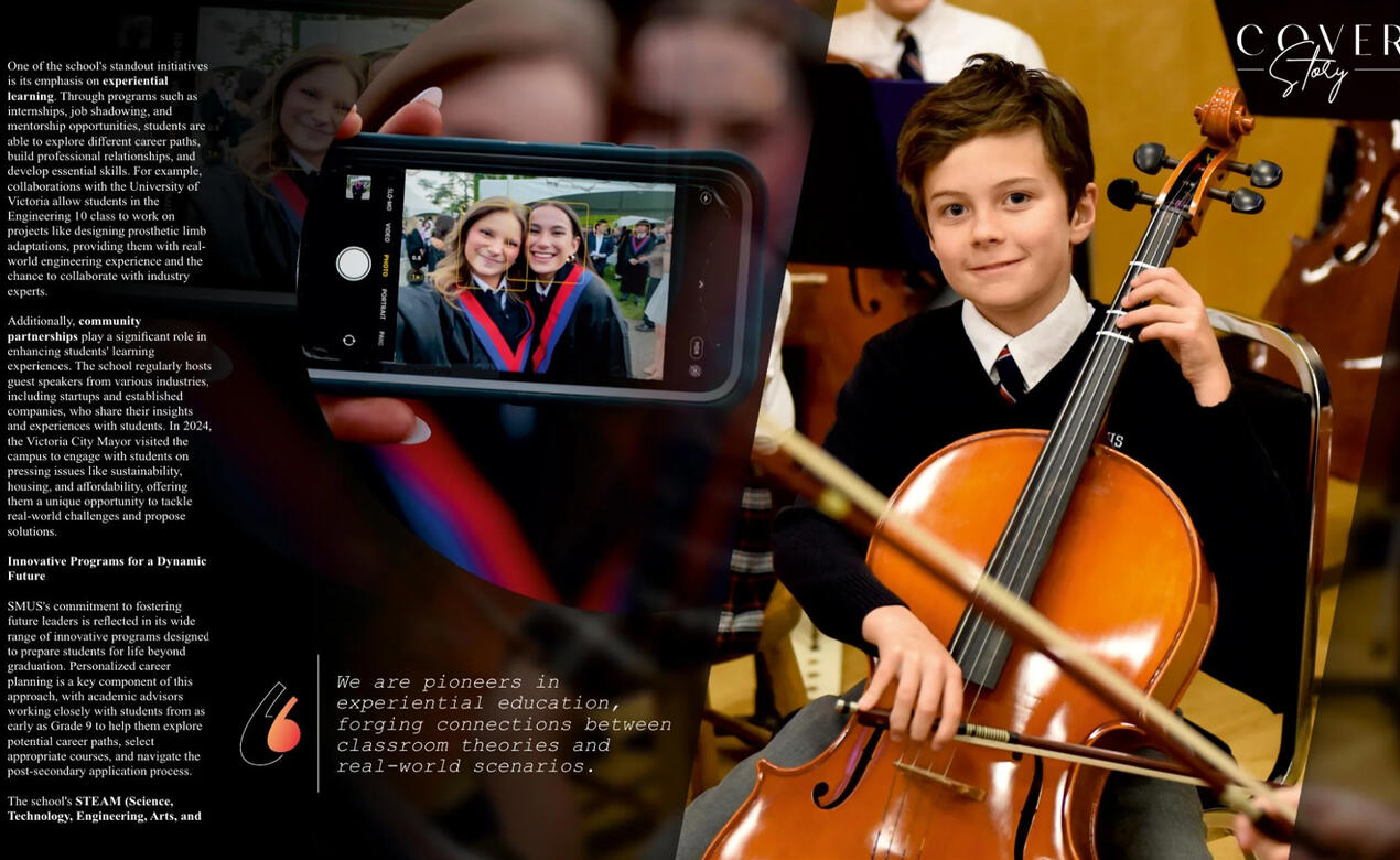 A student plays the cello and grads take a selfie in a magazine spread