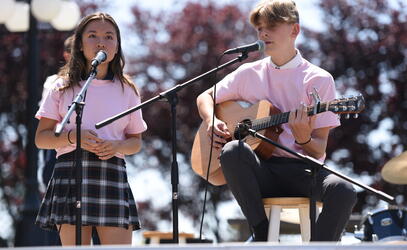 Senior School students entertaining with music on Pink Shirt Day
