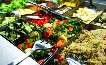 A colourful display of food in a serve-yourself style buffet