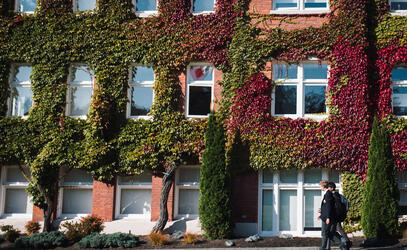 A photo of the side of the SMUS School House building covered in green ivy as a group of students walks past.