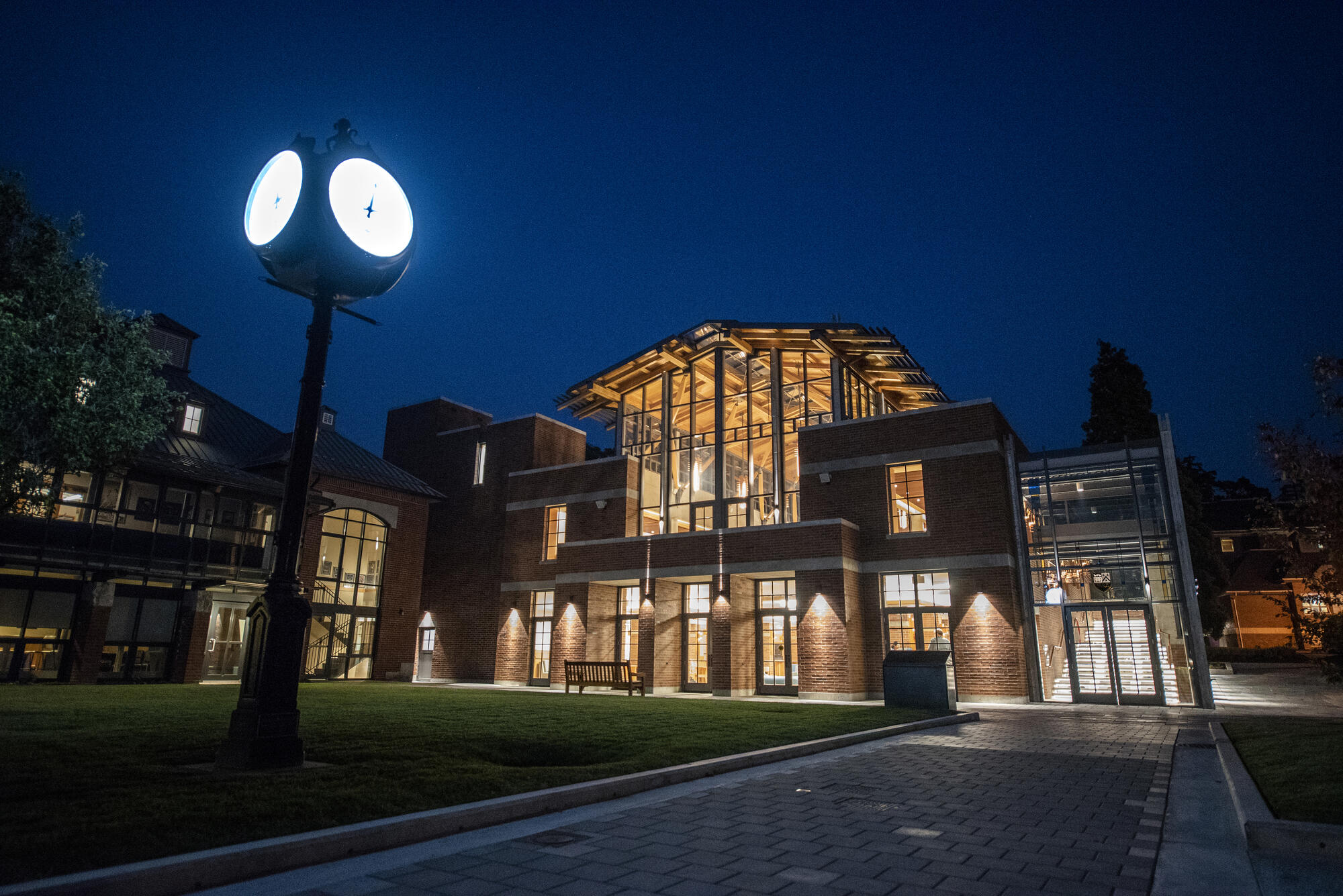 Night time view of the Sun Centre and Considine Clock