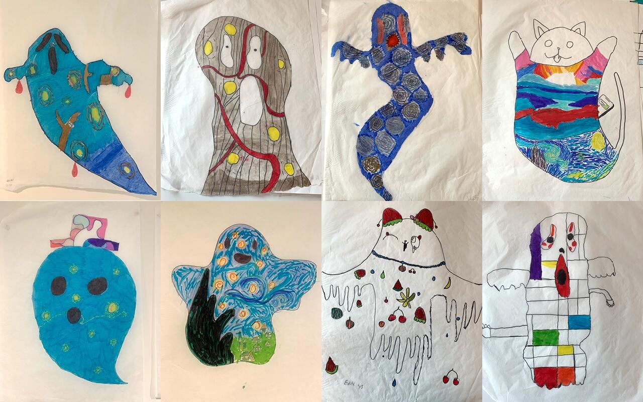 A collection of eight drawings and paintings from Junior School students depicting various ghosts and Halloween creatures. 