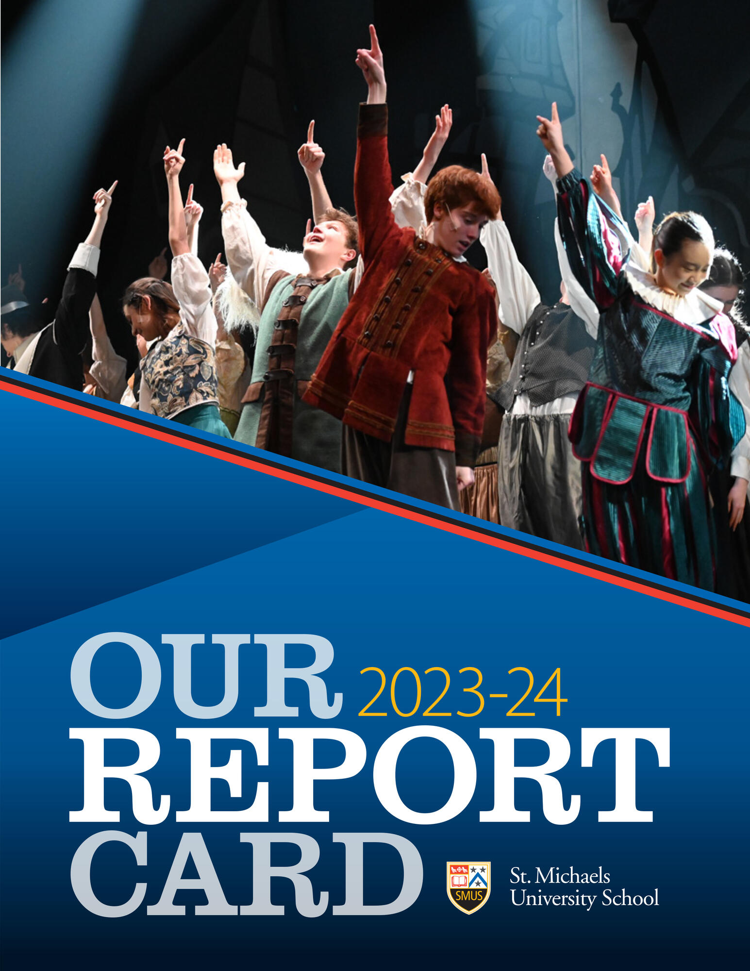 The cover of Our Report Card 2023-24 with a stunning photo of students on stage 