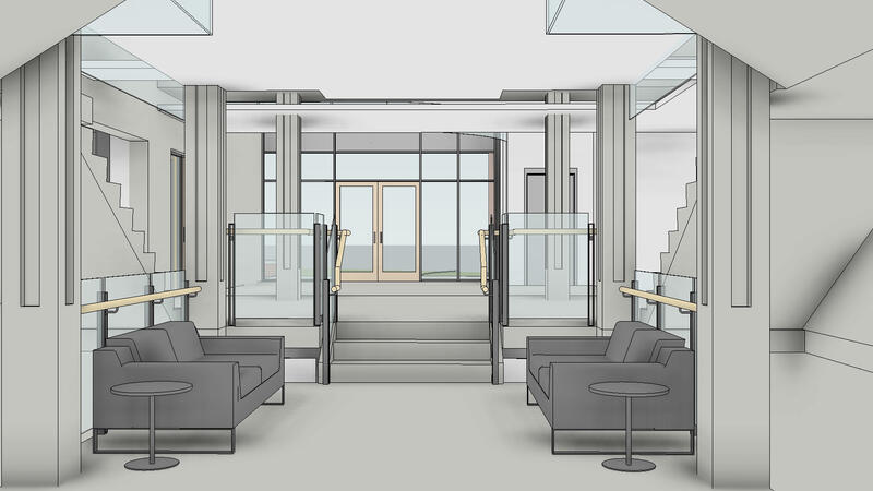 An architect's rendering of the interior of the Middle School extension looking toward the main entrance