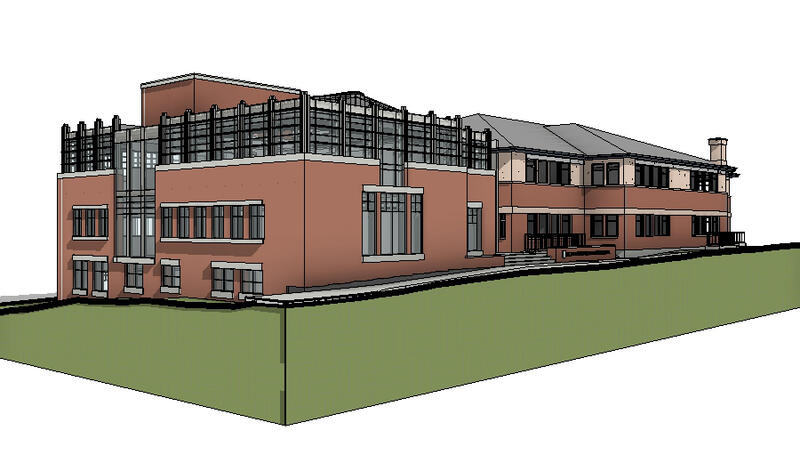 An architect's rendering of the exterior of the Middle School extension from the southeast