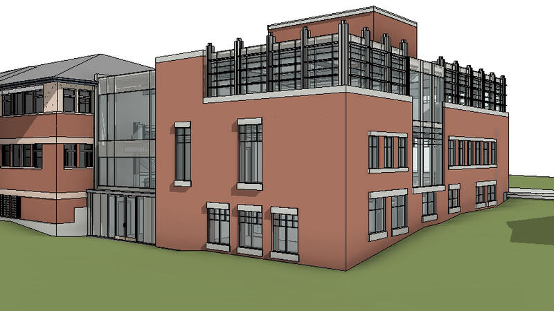 An architect's rendering of the exterior of the Middle School extension from the southwest