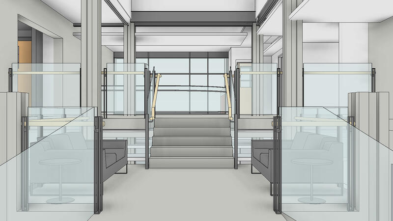 An architect's rendering of the upper level atrium of the Middle School extension