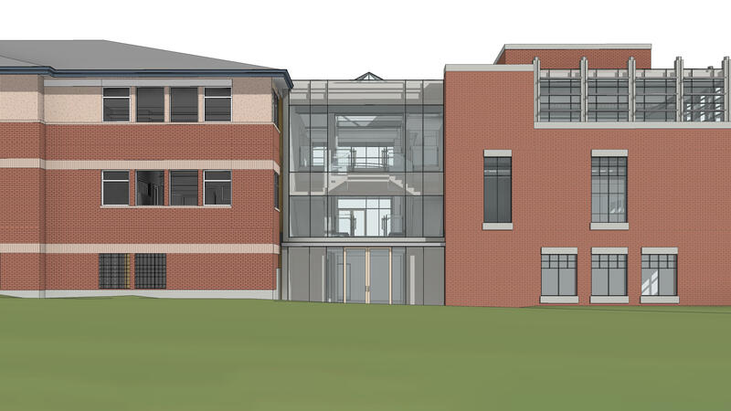 An architect's rendering of the Middle School extension from the west